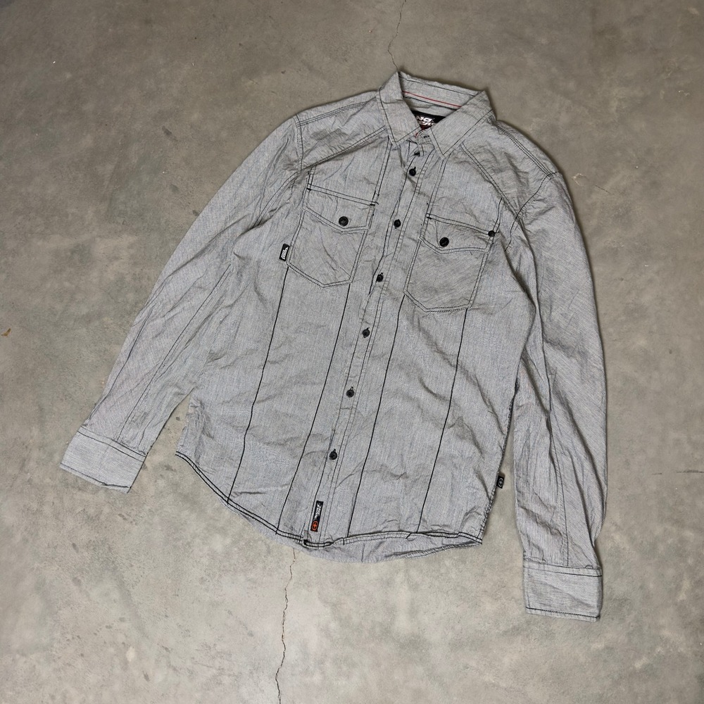 No Fear Button Down Shirt Mens Small Grey Stripe Long Sleeve Skater Streetwear